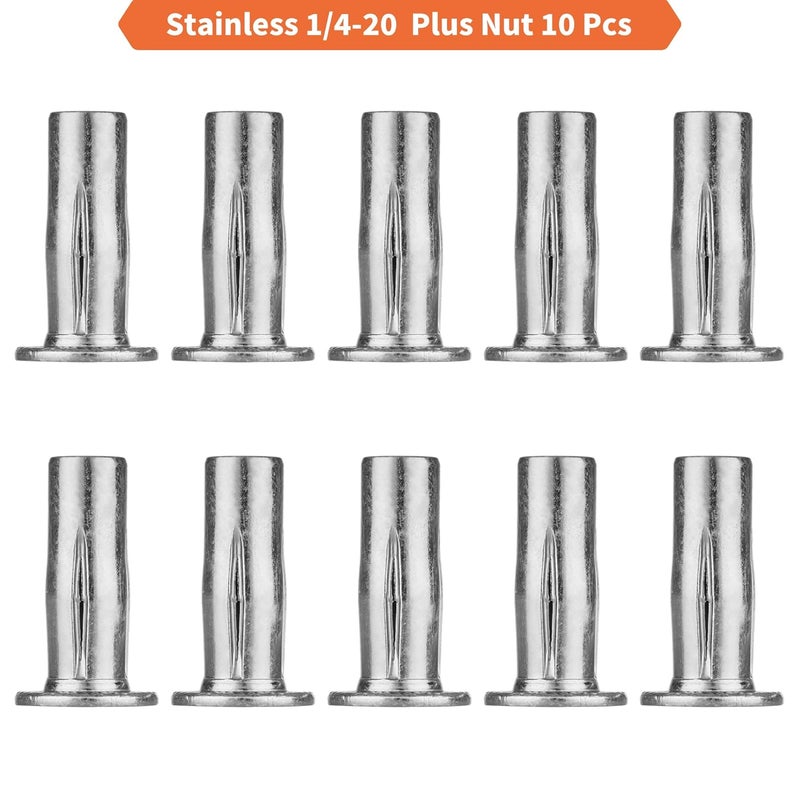 EZ-NUTUL Multi-Grip Rivet Nut Installation Tool Set Pre-Bulbed Shank Flat Head Threaded Insert Nut Plus Nuts Assortment Kit Cross Rivnut for Construction Industrial (1/4-20(Plus Nut-10pcs, Stainless)) - Image 4